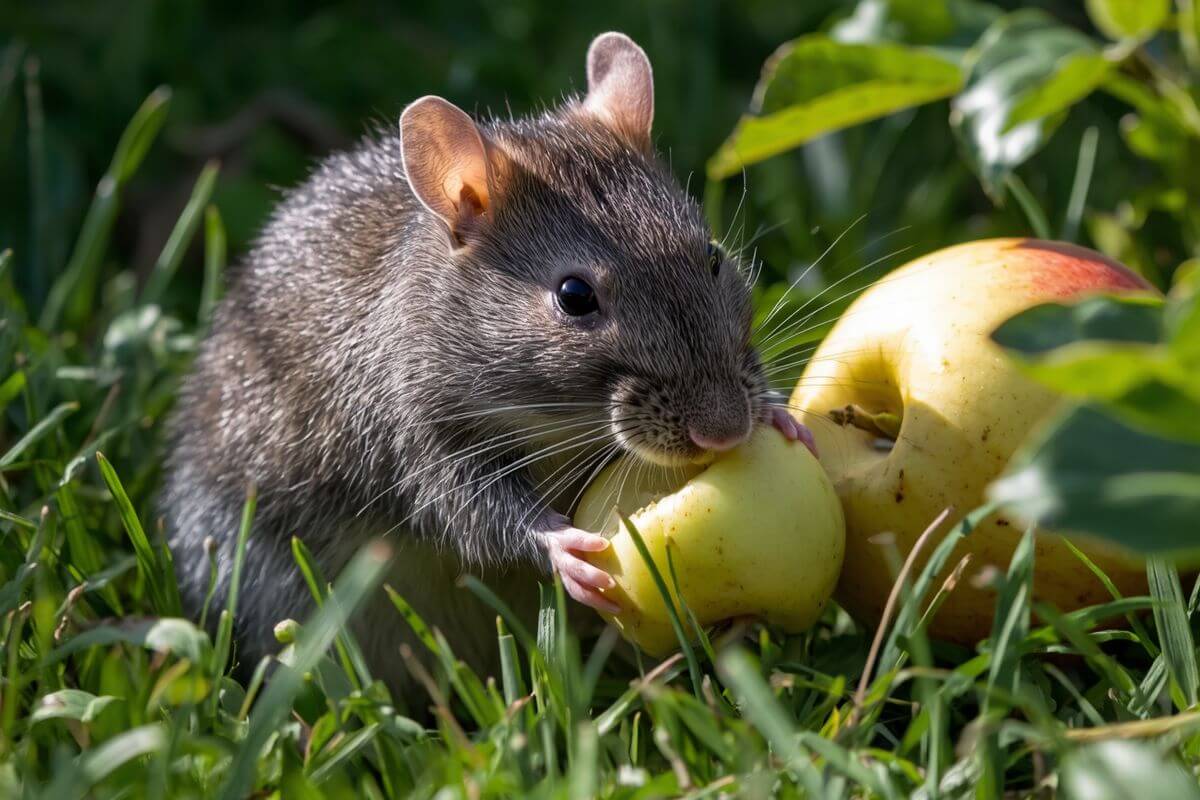 rats in the garden eating an apple