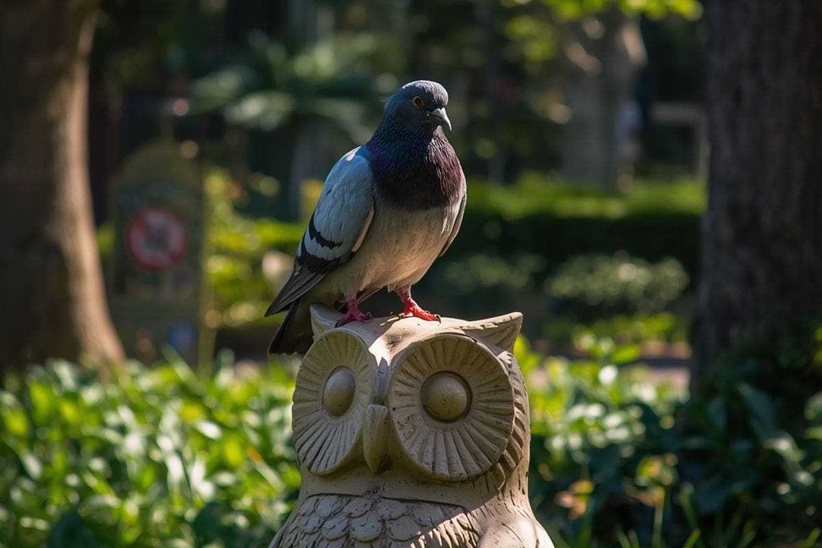 solar panel protection from pigeons deterrent, showing a pigeon sitting on top of a fake owl