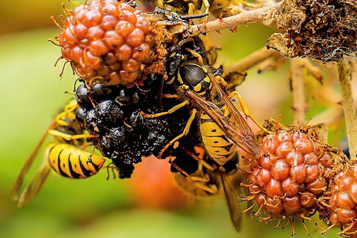 wasps feeding on decaying blackberries